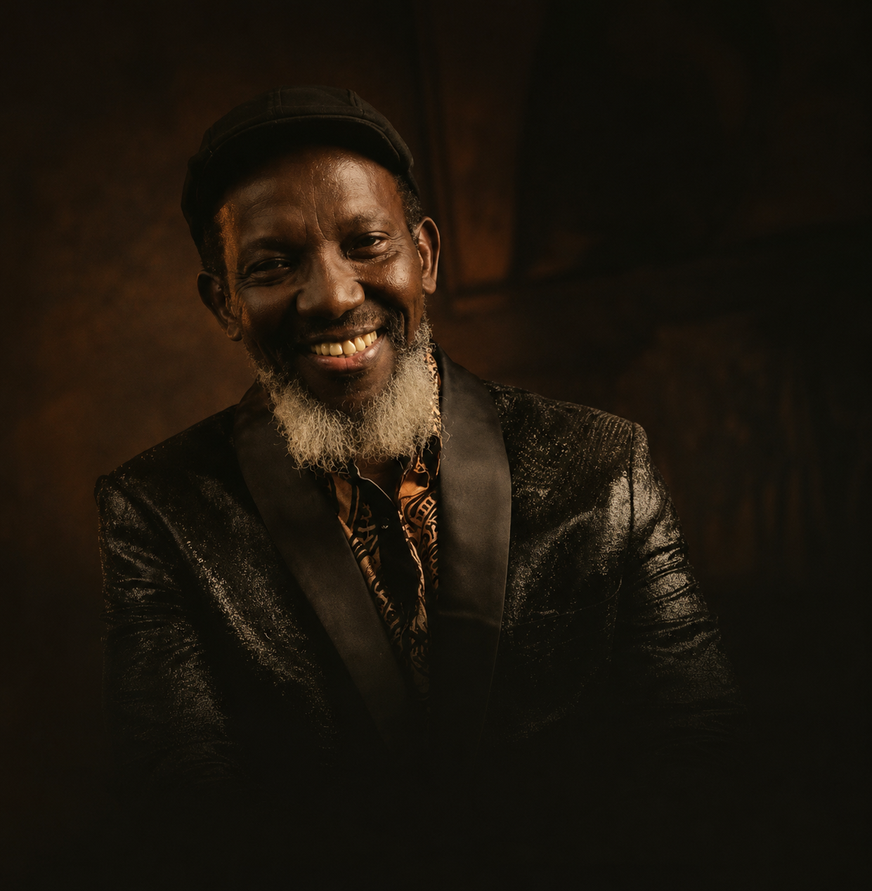 Emmanuel Kembe smiling in a black tweed cap and glossy blazer